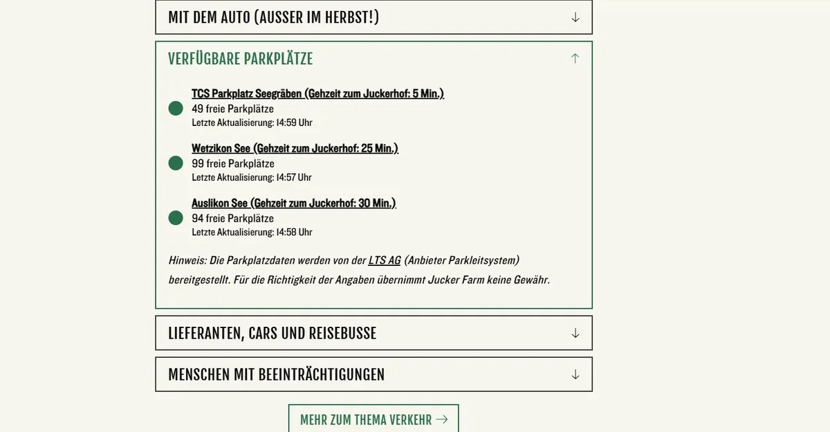 Man sieht eine Online-Auflistung von Parkplätzen.